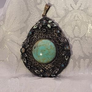 Gorgeous Mid Century Silver Tone Turquoise Art Glass Large Pendant